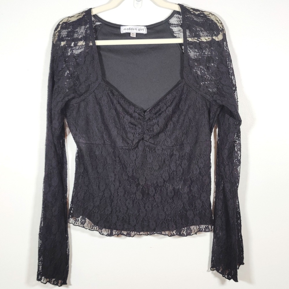 Madden Girl Black Lace Long Sleeve Bustier Top XL Y2K Gothic Romantic